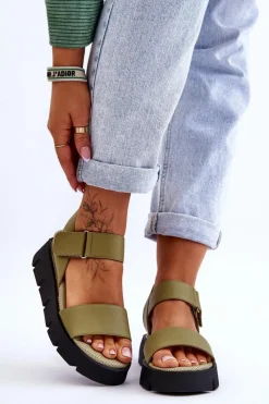 Online Damskie Skórzane Sandały Na Platformie Zielone Katte Damskie Sandały Na Koturnie