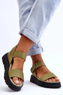Online Damskie Skórzane Sandały Na Platformie Zielone Katte Damskie Sandały Na Koturnie