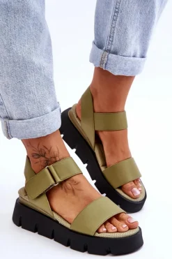 Online Damskie Skórzane Sandały Na Platformie Zielone Katte Damskie Sandały Na Koturnie