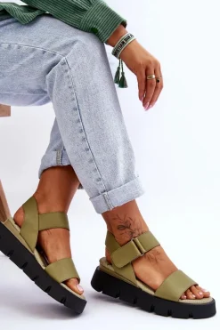 Online Damskie Skórzane Sandały Na Platformie Zielone Katte Damskie Sandały Na Koturnie