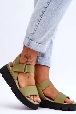 Online Damskie Skórzane Sandały Na Platformie Zielone Katte Damskie Sandały Na Koturnie