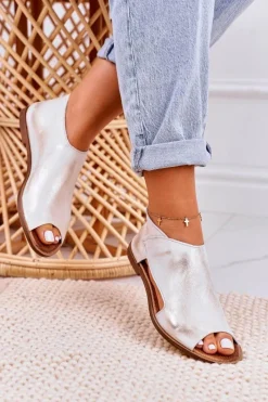 Sandały Płaskie>Boto Damskie Skórzane Sandały Nicole 2622 Białe Metaliczne