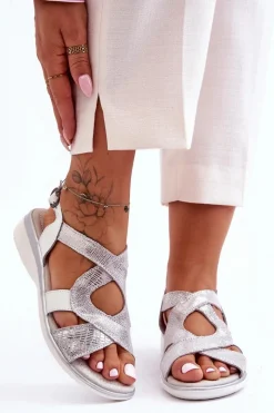 Sandały Na Koturnie>Damskie buty S.Barski Damskie Skórzane Sandały S.Barski 97619 Srebrne