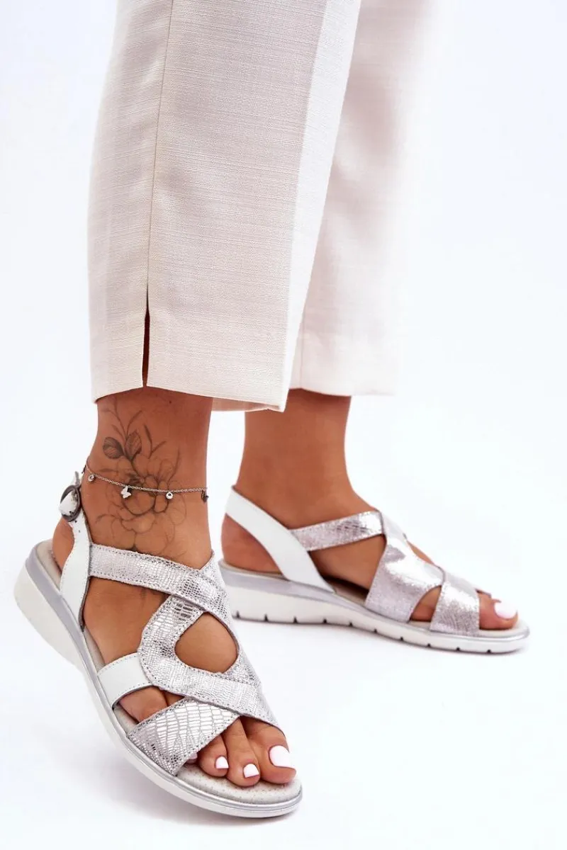 Sandały Na Koturnie>Damskie buty S.Barski Damskie Skórzane Sandały S.Barski 97619 Srebrne