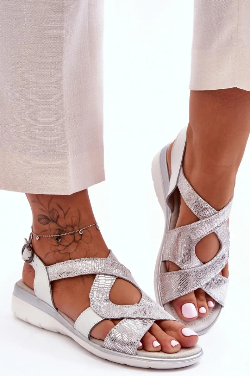 Sandały Na Koturnie>Damskie buty S.Barski Damskie Skórzane Sandały S.Barski 97619 Srebrne