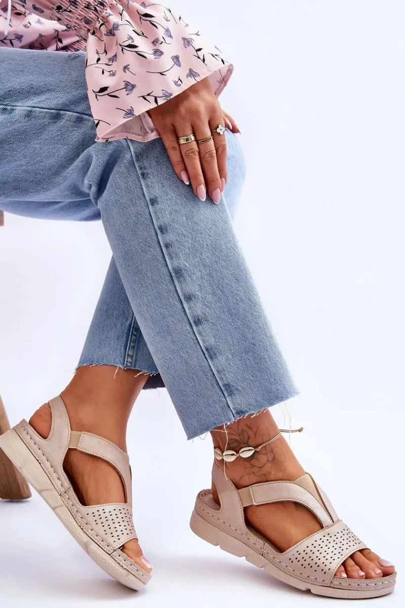 Outlet Damskie Skórzane Sandały Wsuwane Beżowe Lora Damskie Sandały Płaskie