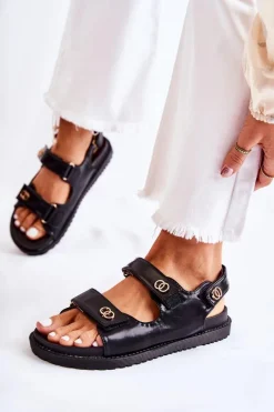 Sandały Płaskie></noscript>Damskie buty S.Barski Damskie Skórzane Sandały Z Ozdobą Czarne Halis