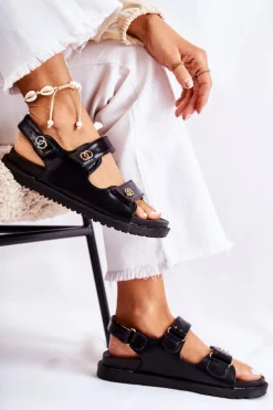 Sandały Płaskie></noscript>Damskie buty S.Barski Damskie Skórzane Sandały Z Ozdobą Czarne Halis