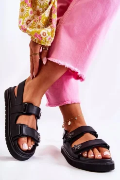 Best Damskie buty S.Barski Damskie Skórzane Sandały Z Ozdobą Czarne Elly