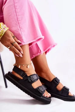 Best Damskie buty S.Barski Damskie Skórzane Sandały Z Ozdobą Czarne Elly