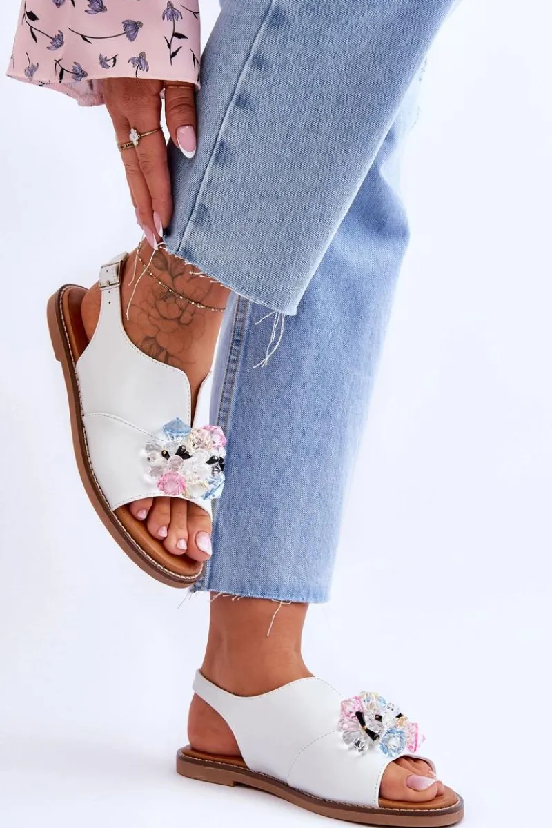 Sandały Płaskie>Buty damskie Vinceza Damskie Skórzane Sandały Z Kamieniami Białe Mersea