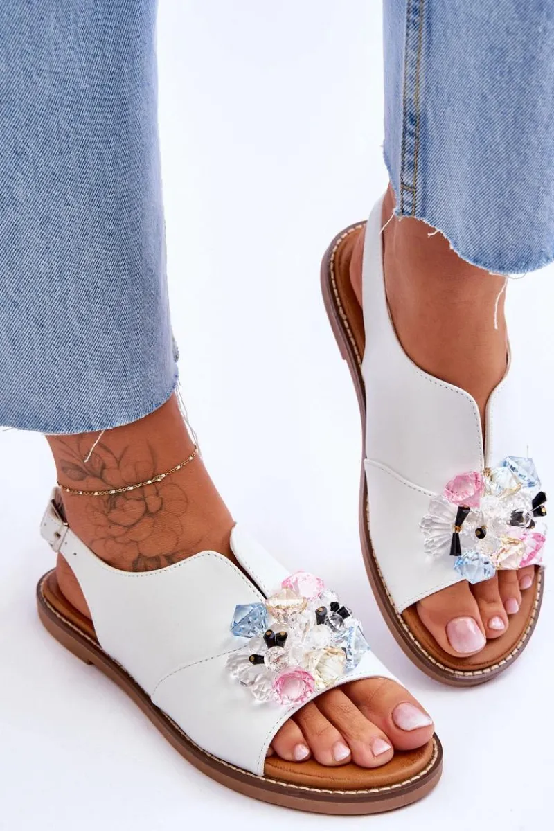 Sandały Płaskie>Buty damskie Vinceza Damskie Skórzane Sandały Z Kamieniami Białe Mersea