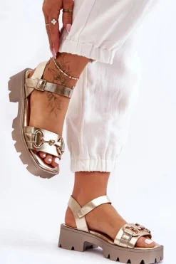 Discount Damskie Skórzane Sandały Z Ozdobą Złote Emori Damskie Sandały Płaskie