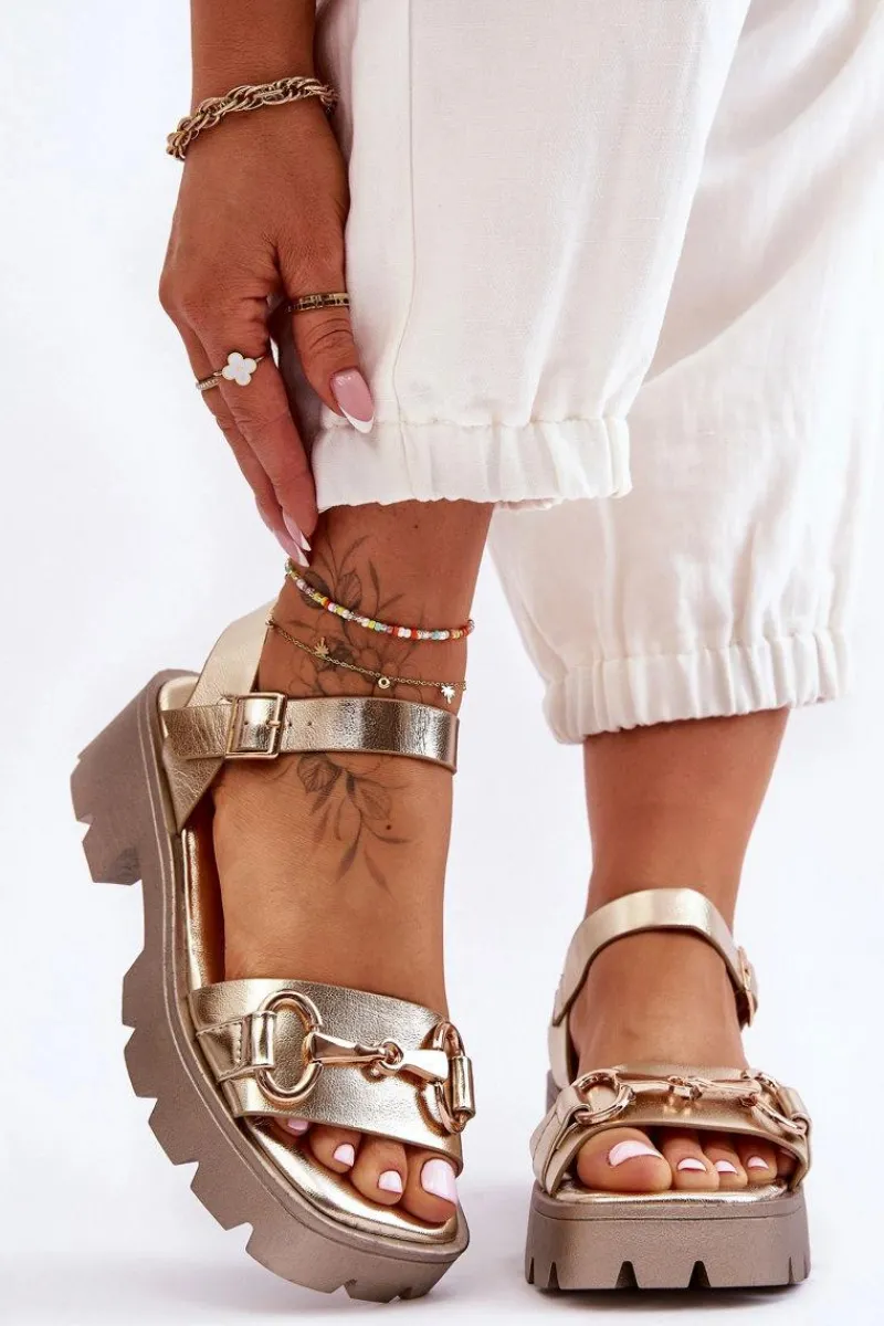 Discount Damskie Skórzane Sandały Z Ozdobą Złote Emori Damskie Sandały Płaskie