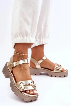 Discount Damskie Skórzane Sandały Z Ozdobą Złote Emori Damskie Sandały Płaskie