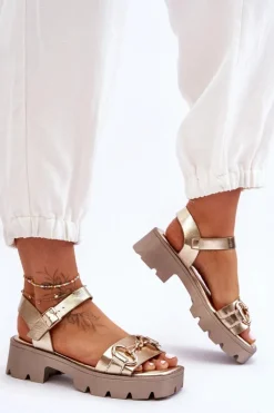 Discount Damskie Skórzane Sandały Z Ozdobą Złote Emori Damskie Sandały Płaskie