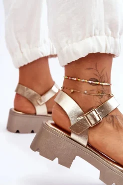 Discount Damskie Skórzane Sandały Z Ozdobą Złote Emori Damskie Sandały Płaskie