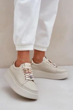 Buty Sportowe Na Platformie>CheBello Damskie Skórzane Sneakersy Na Platformie Z Ozdobami 4292 Jasnobeżowe Beżowy