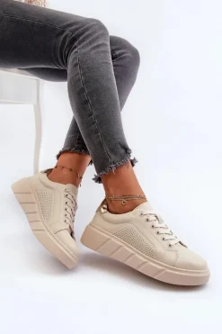 Buty Sportowe Na Platformie>Evento Damskie Skórzane Sneakersy Na Platformie Beżowe Gatira