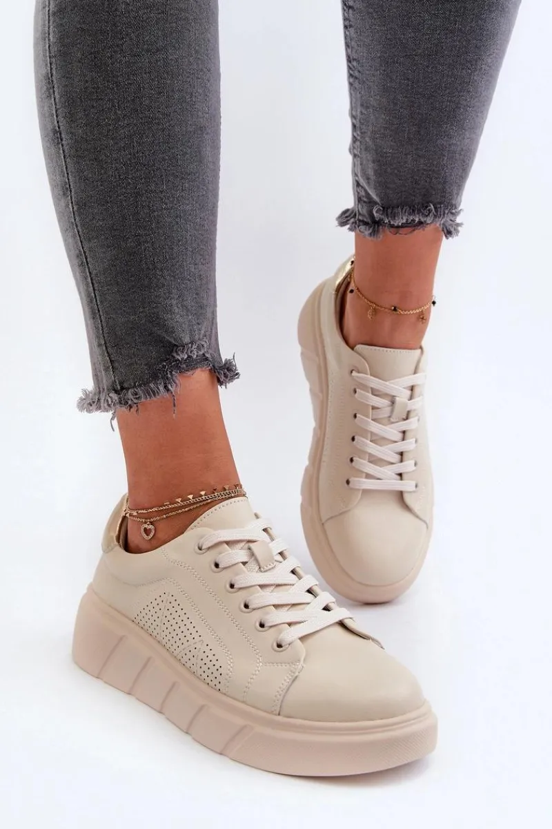 Buty Sportowe Na Platformie>Evento Damskie Skórzane Sneakersy Na Platformie Beżowe Gatira