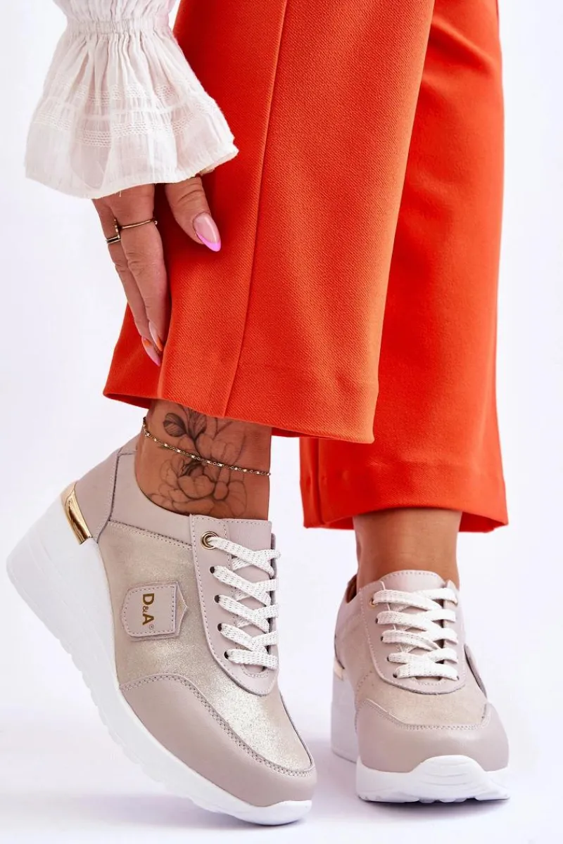 Sale Damskie buty S.Barski Damskie Skórzane Sneakersy Na Koturnie Złote Beatris