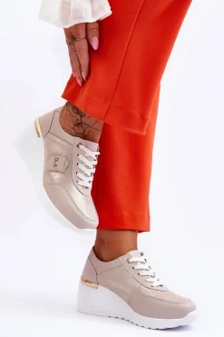 Sale Damskie buty S.Barski Damskie Skórzane Sneakersy Na Koturnie Złote Beatris