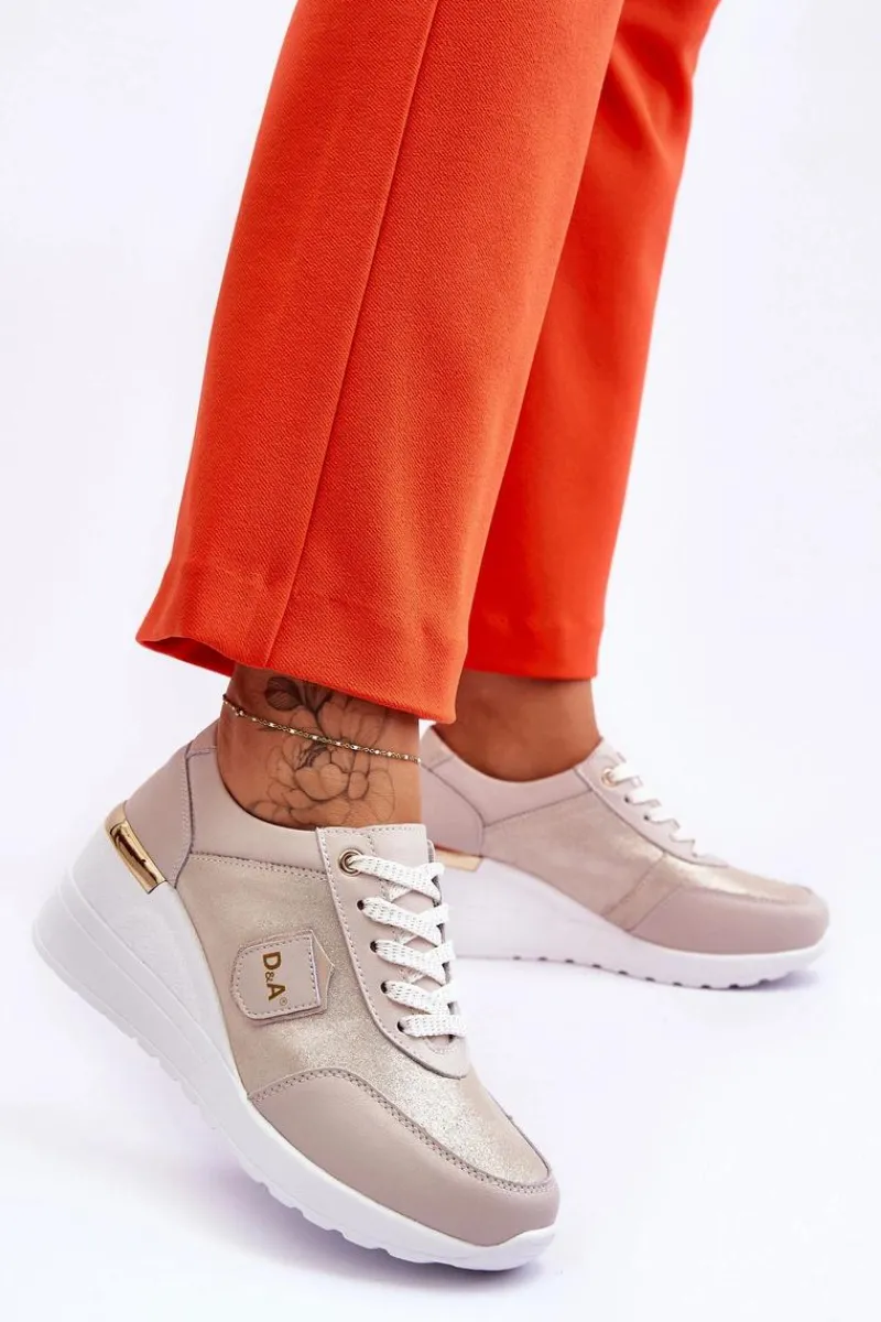 Sale Damskie buty S.Barski Damskie Skórzane Sneakersy Na Koturnie Złote Beatris