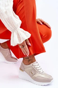 Sale Damskie buty S.Barski Damskie Skórzane Sneakersy Na Koturnie Złote Beatris