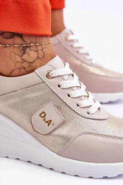 Sale Damskie buty S.Barski Damskie Skórzane Sneakersy Na Koturnie Złote Beatris