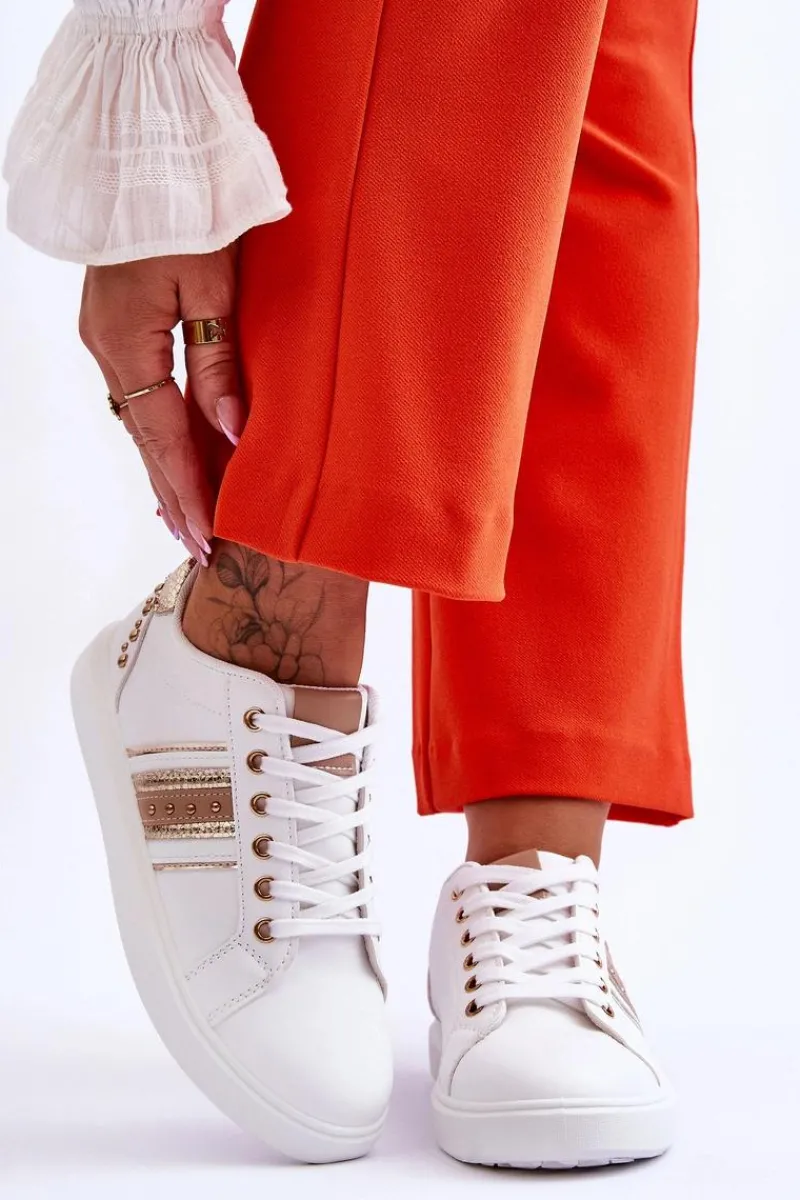 Buty Sportowe Na Platformie|Sneakersy Damskie>Boto Damskie Skórzane Sneakersy Z Ćwiekami Biało-Złote Dory