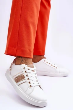 Buty Sportowe Na Platformie|Sneakersy Damskie>Boto Damskie Skórzane Sneakersy Z Ćwiekami Biało-Złote Dory