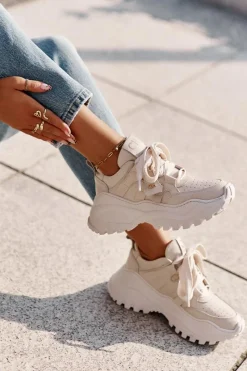Buty Sportowe Na Platformie>CheBello Damskie Skórzane Sneakersy Beżowe 4583 Beżowy