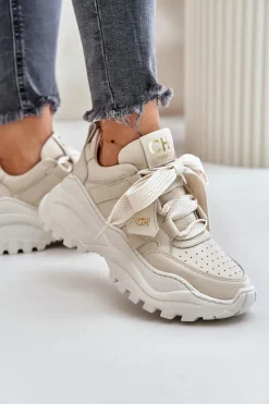 Buty Sportowe Na Platformie></noscript>CheBello Damskie Skórzane Sneakersy Beżowe 4583 Beżowy