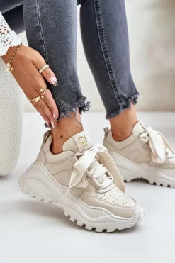Buty Sportowe Na Platformie></noscript>CheBello Damskie Skórzane Sneakersy Beżowe 4583 Beżowy