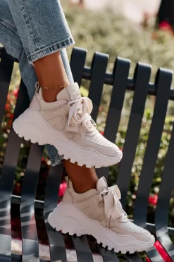 Buty Sportowe Na Platformie></noscript>CheBello Damskie Skórzane Sneakersy Beżowe 4583 Beżowy
