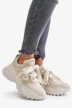 Buty Sportowe Na Platformie></noscript>CheBello Damskie Skórzane Sneakersy Beżowe 4583 Beżowy