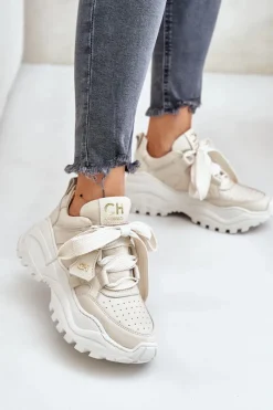 Buty Sportowe Na Platformie></noscript>CheBello Damskie Skórzane Sneakersy Beżowe 4583 Beżowy