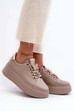 Hot CheBello Damskie Skórzane Sneakersy Z Ozdobami 4292 Beżowe