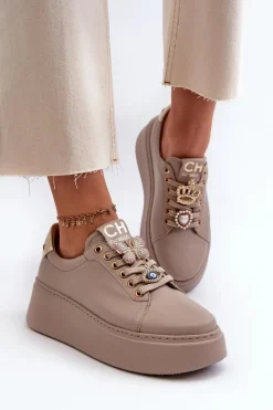 Hot CheBello Damskie Skórzane Sneakersy Z Ozdobami 4292 Beżowe