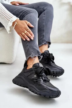 New Damskie Skórzane Sneakersy Czarne 4583 Damskie Buty Sportowe Na Platformie