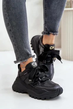 New Damskie Skórzane Sneakersy Czarne 4583 Damskie Buty Sportowe Na Platformie