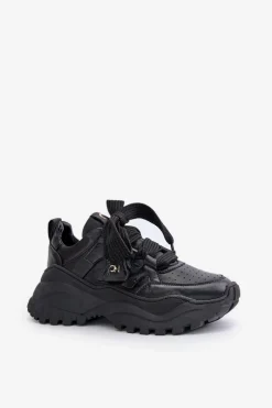 New Damskie Skórzane Sneakersy Czarne 4583 Damskie Buty Sportowe Na Platformie