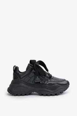 New Damskie Skórzane Sneakersy Czarne 4583 Damskie Buty Sportowe Na Platformie