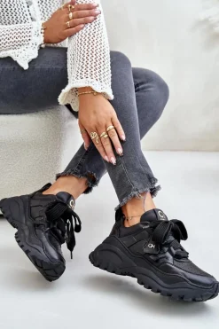 New Damskie Skórzane Sneakersy Czarne 4583 Damskie Buty Sportowe Na Platformie
