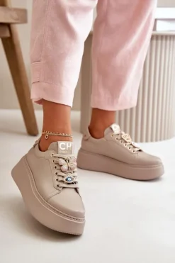 Buty Sportowe Na Platformie>CheBello Damskie Skórzane Sneakersy Na Platformie Z Ozdobami 4585 Beżowe