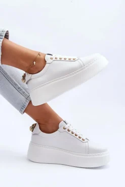 Damskie Skórzane Sneakersy Na Platformie 4367 Białe Damskie Buty Sportowe Na Platformie