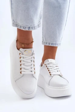 Damskie Skórzane Sneakersy Na Platformie 4367 Białe Damskie Buty Sportowe Na Platformie