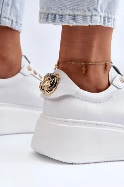 Damskie Skórzane Sneakersy Na Platformie 4367 Białe Damskie Buty Sportowe Na Platformie