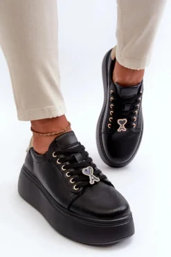 Clearance Buty damskie Vinceza Damskie Skórzane Sneakersy Na Platformie Czarne Vinceza 66700