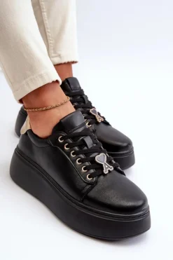 Clearance Buty damskie Vinceza Damskie Skórzane Sneakersy Na Platformie Czarne Vinceza 66700